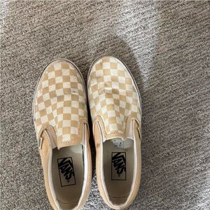 Vans Beige and White Checkered Slip-Ons
